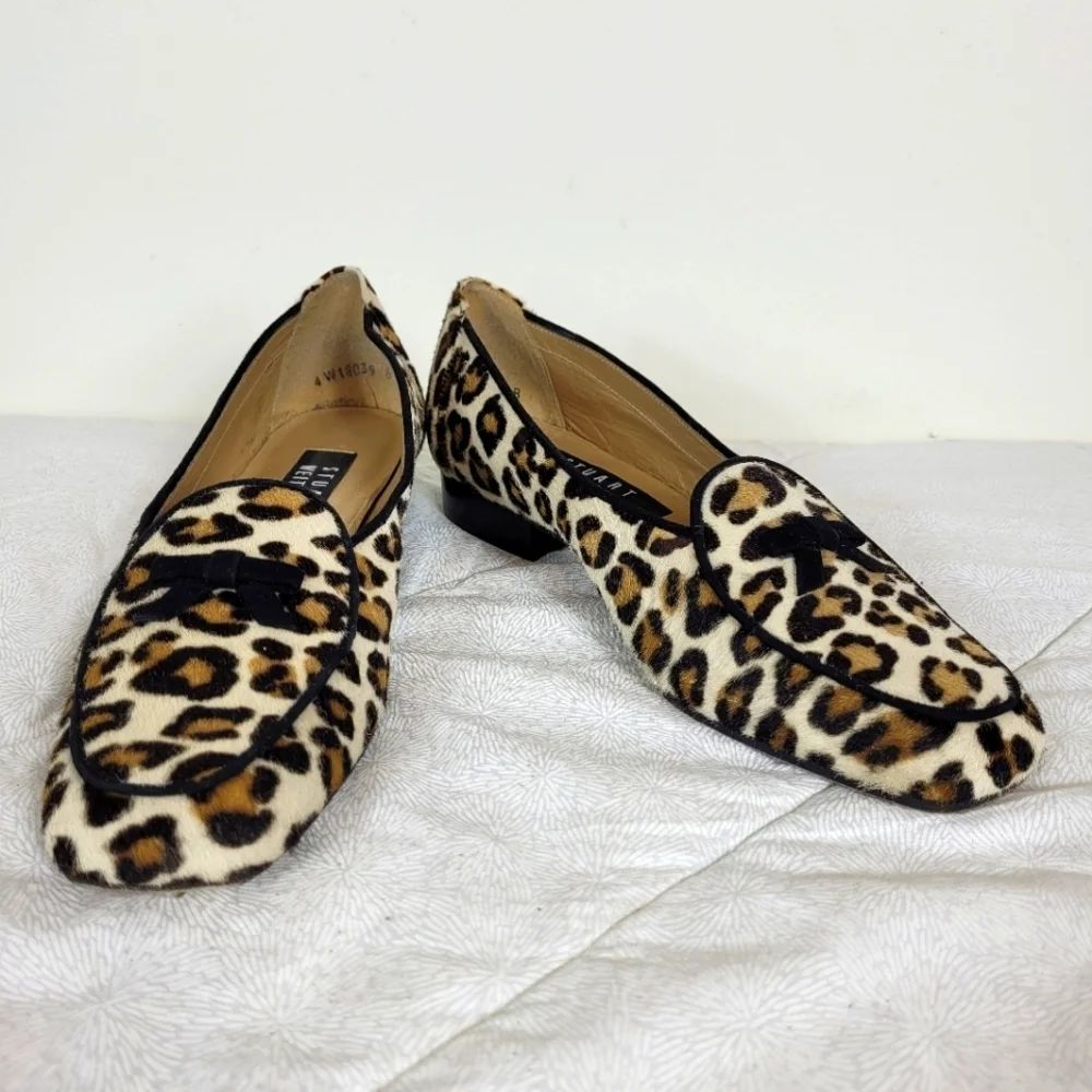 Stuart Weitzman calf hair classic leopard print loafers black bow heel office 6